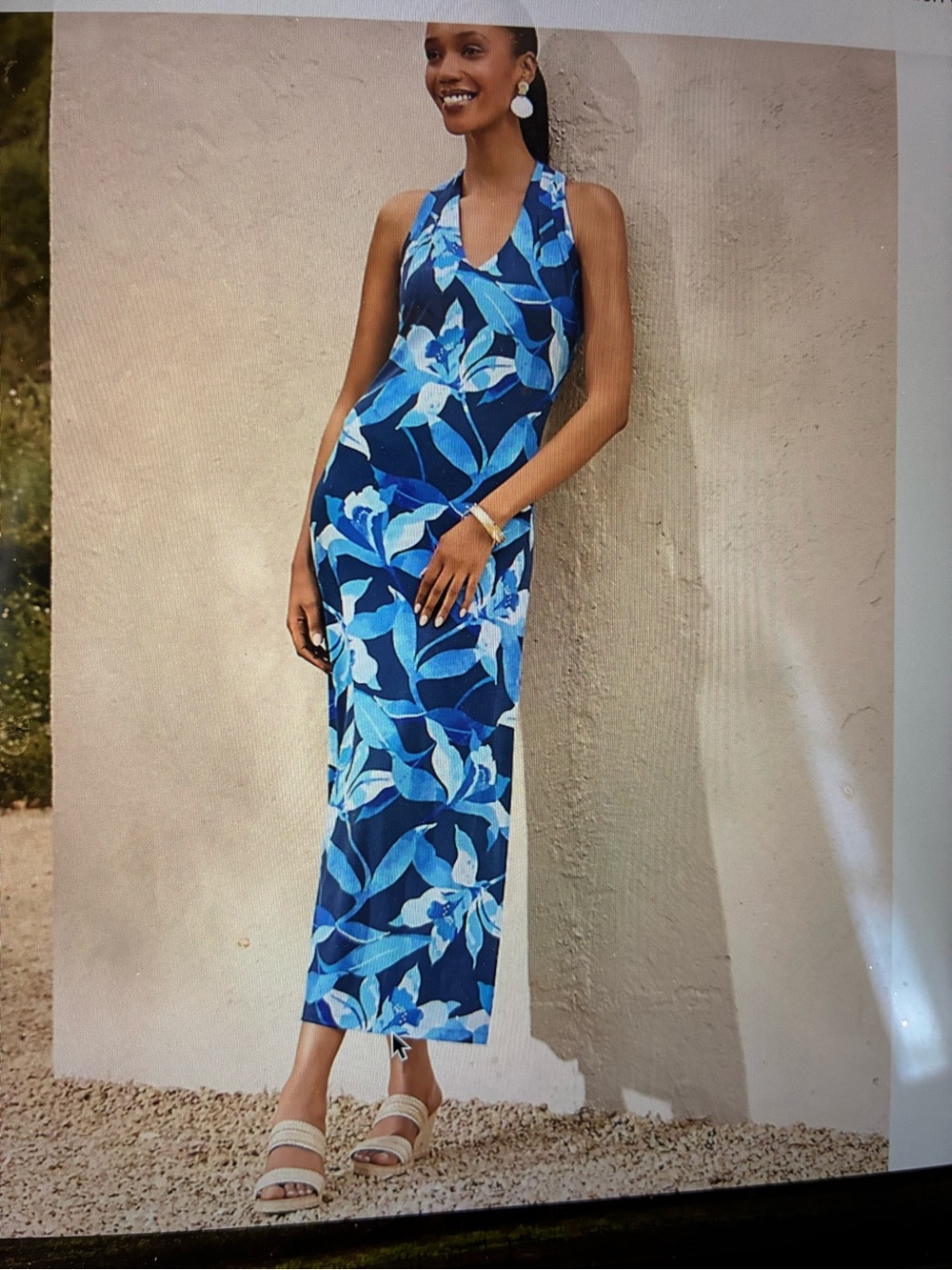 Tommy Bahama Blue Floral Halter Maxi Dress with Teal Accents